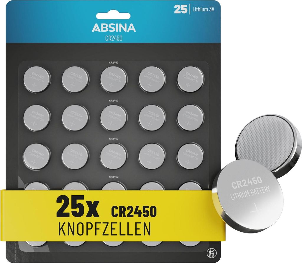ABSINA CR2450 Knopfzelle 5x 5er Pack - CR 2450 3V Knopfzellen auslaufsicher & mit langer Haltbarkeit