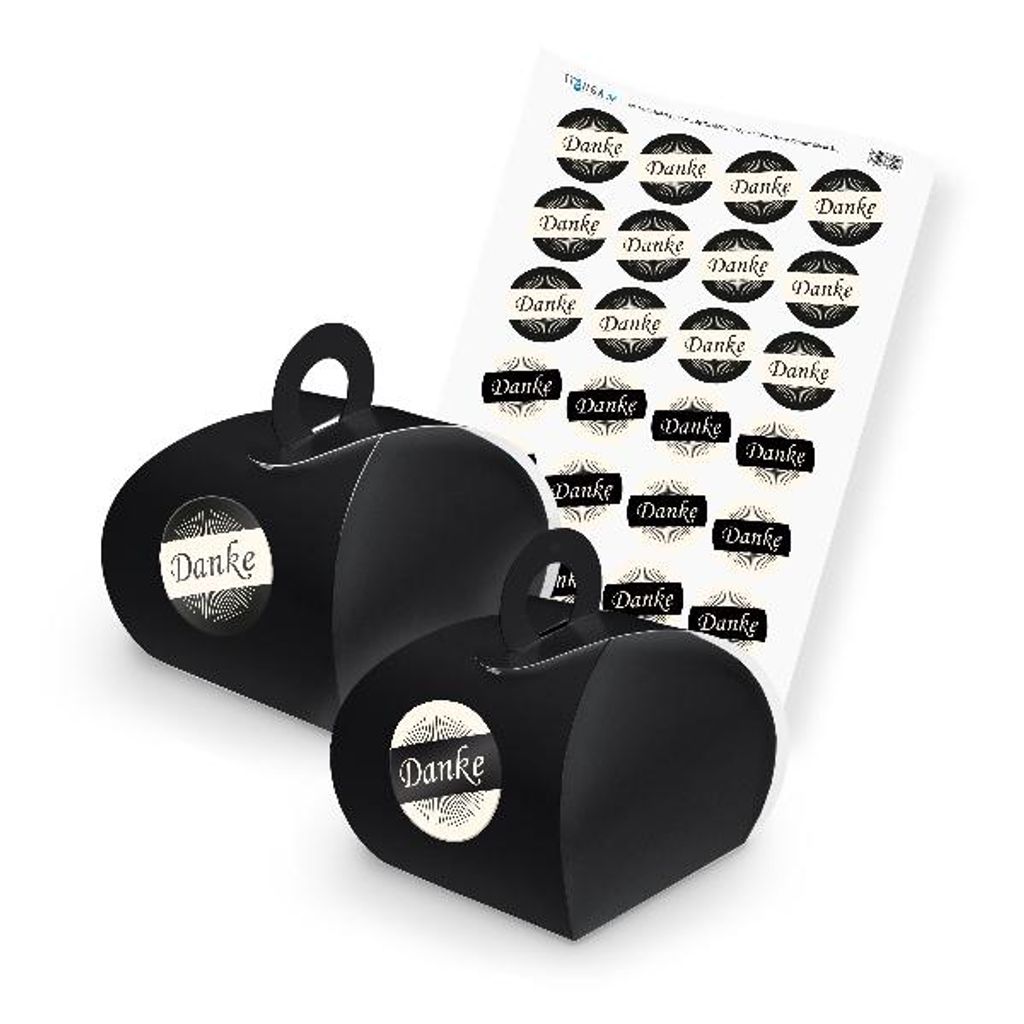 itenga SET DANKE (Motiv 36) 24x Geschenkschachtel mit Griff schwarz + Stickerbog