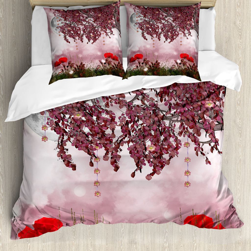 ABAKUHAUS Baum Bettbezugs Set Für Doppelbetten, Traumgarten mit Mohnblumen, Milbensicher Allergiker geeignet mit Kissenbezügen, Malvenfarbenes Rot