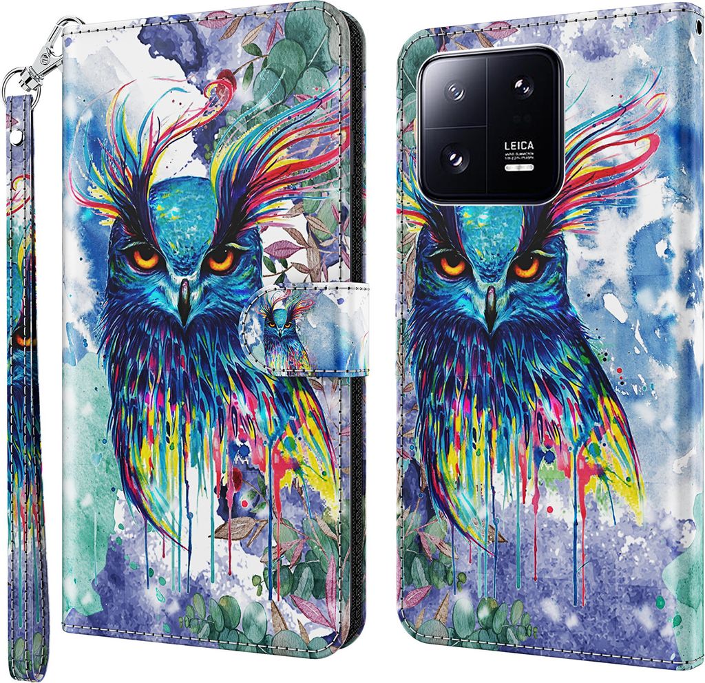 CLM-Tech Hülle kompatibel mit Xiaomi 13 Pro - Tasche aus Kunstleder - Klapphülle mit Ständer und Kartenfächern, Eule bunt