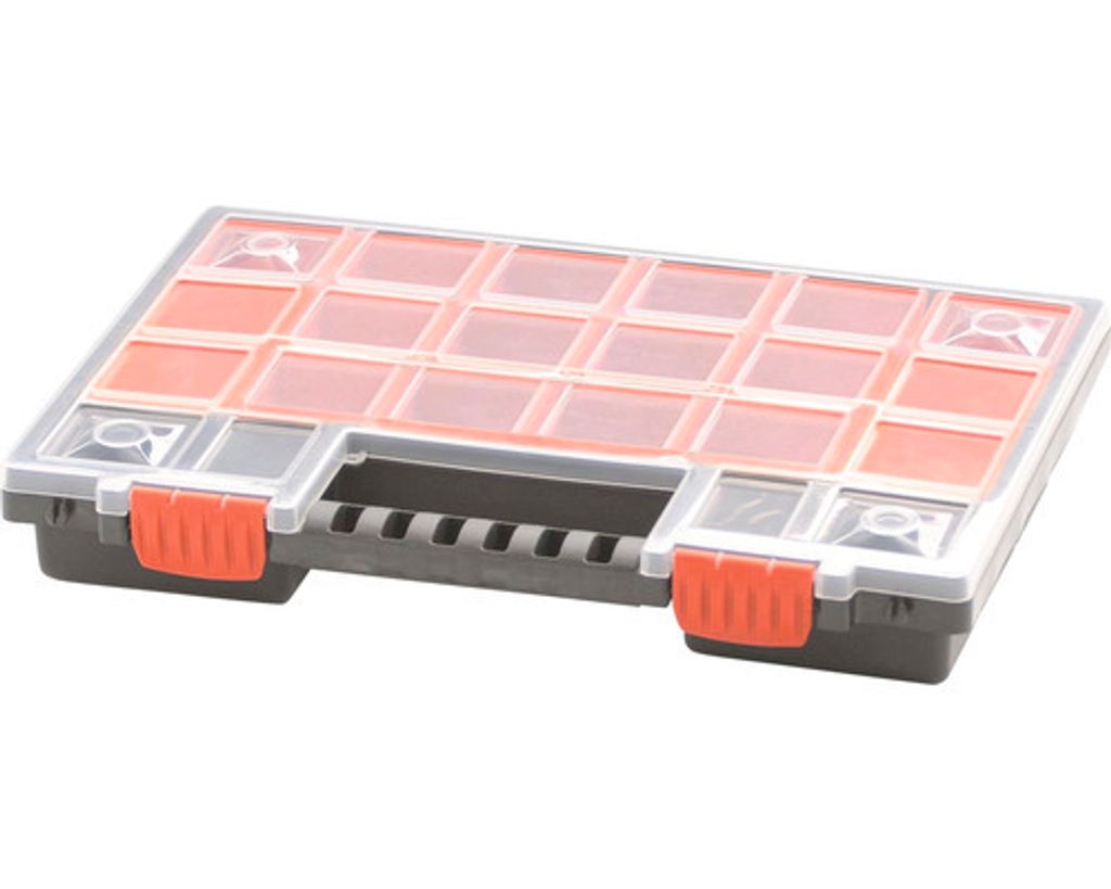 A plastic organizer box with multiple compartments.