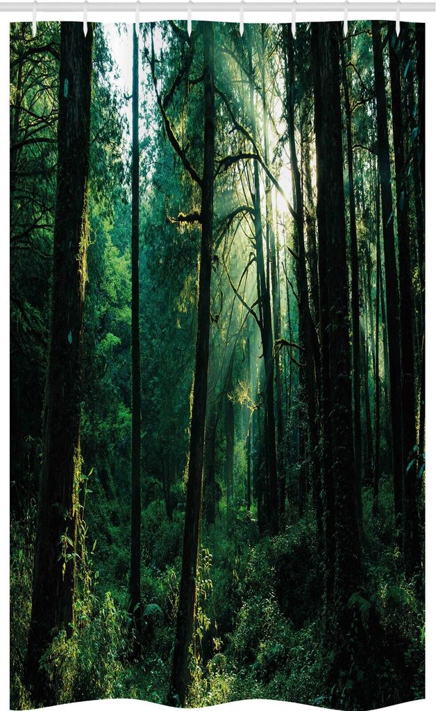 ABAKUHAUS Natur Schmaler Duschvorhang, Sonnenuntergang in Woods Bäume, Badezimmer Deko Set aus Stoff mit Haken, 120 x 180 cm, Grün Hellgelb