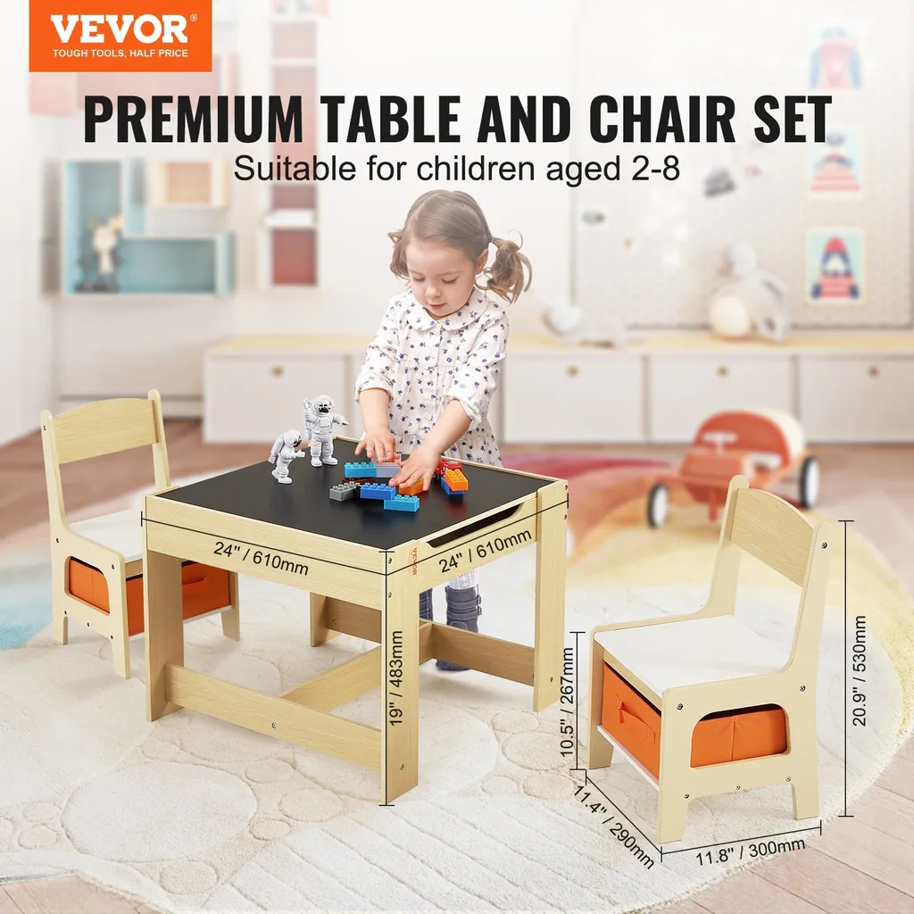 Set di sedute per bambini Tavolo per bambini, 2 sedie per bambini 1 tavolo Set di sedute per bambini in MDF di qualità P2, set di tavoli per bambini Robusti mobili per bambini con piano d'appoggio bifacciale e contenitore Set di mobili per bambini - 2