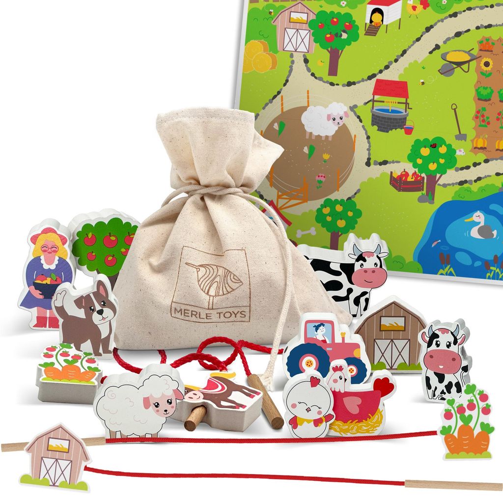 Merle Toys - Fädelspiel auf dem Bauernhof: Holzspielzeug für Kinder ab 2 Jahre, Montessori Spielzeug aus Holz, Motorikspielzeug, Kinderspielzeug