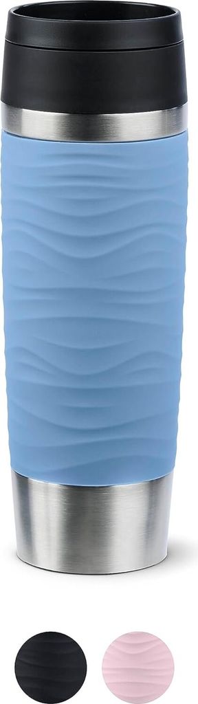 A product shot of a blue travel mug with a wave pattern, on a white background. Two color swatches (black and pink) are shown below the mug.