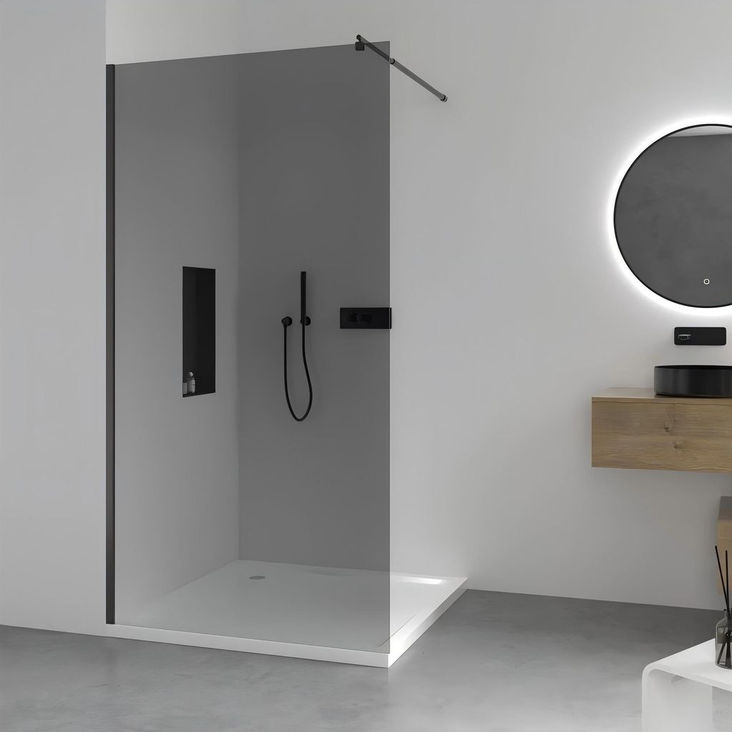 Walk-In Duschtrennwand 8mm ESG Graues Glas 80-160 cm Profil Schwarz Matt, Ausstattung:Ohne Handtuchhalter, Breite:80 cm