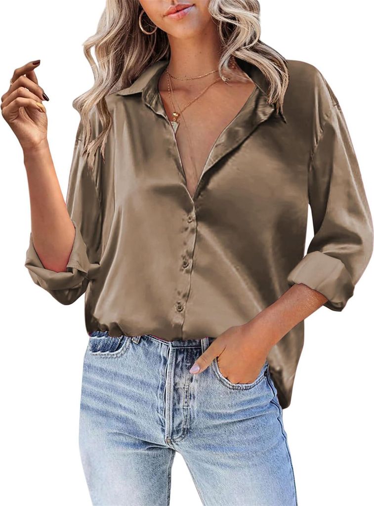 ASKSA Damen Satin Bluse V-Ausschnitt Hemde Elegant Knoepfen Oberteile Casual Einfarbig Tunika Langarmshirt (Dunkelkhaki,S)