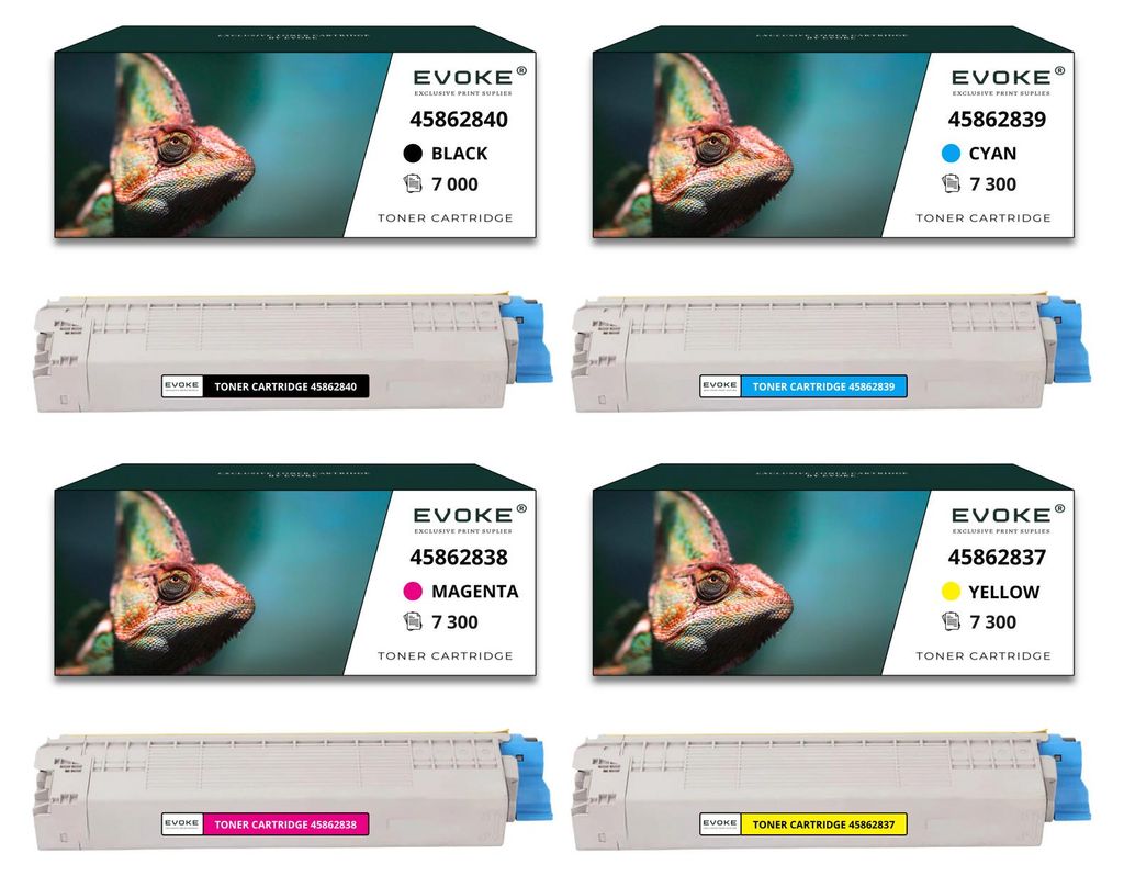 A collage of four toner cartridge boxes and their corresponding toner cartridges, each featuring a chameleon image.