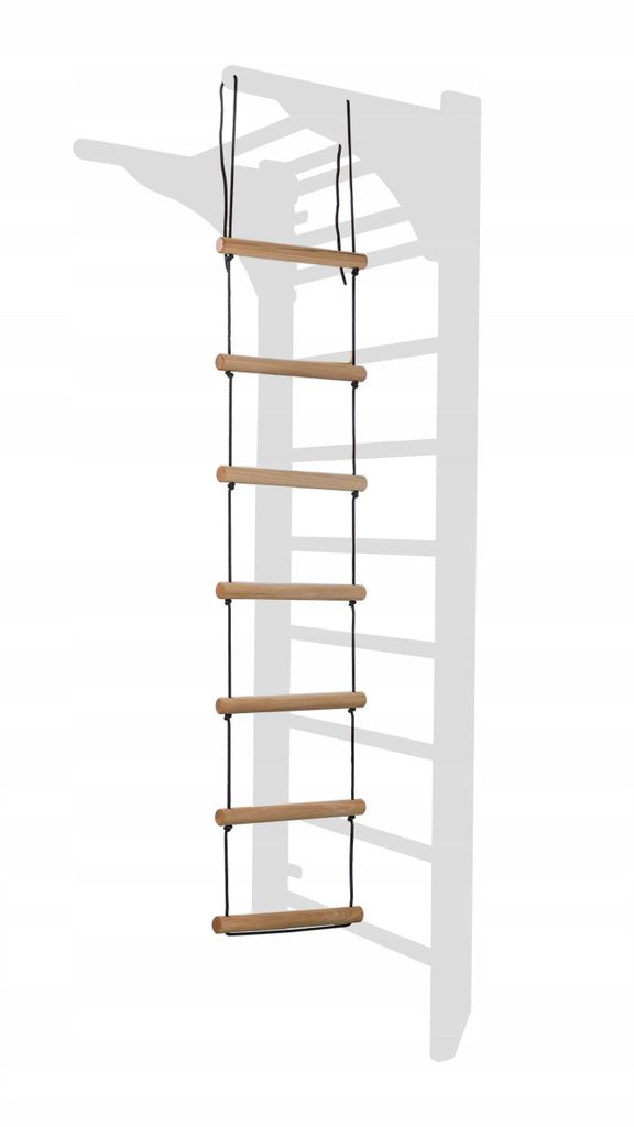 A wooden ladder hanging from a support, casting a shadow.