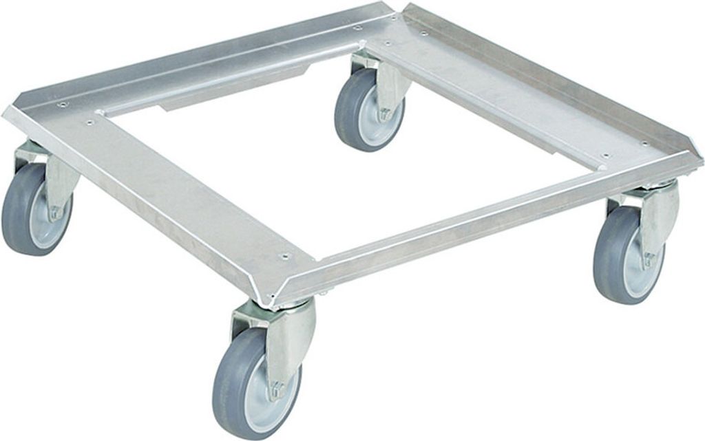 Transportroller/Kistenroller für Behälter 500 x 500 mm, Edelstahl, rostfrei, Lenkrollen verzinkt