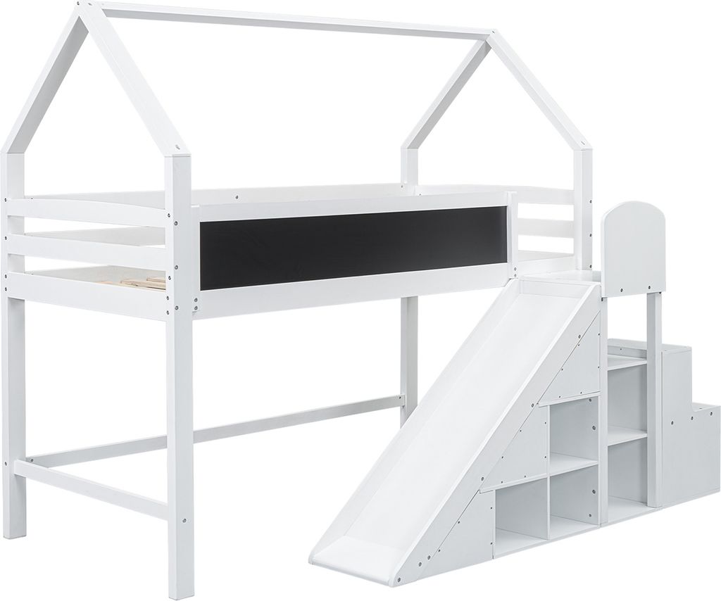 Kinderbett mit Graffiti-fähige Tafel Rutsche Treppe und Schränken Multifunktionales Hausbett Jugendbett ohne Matratze 90*200cm Weiß