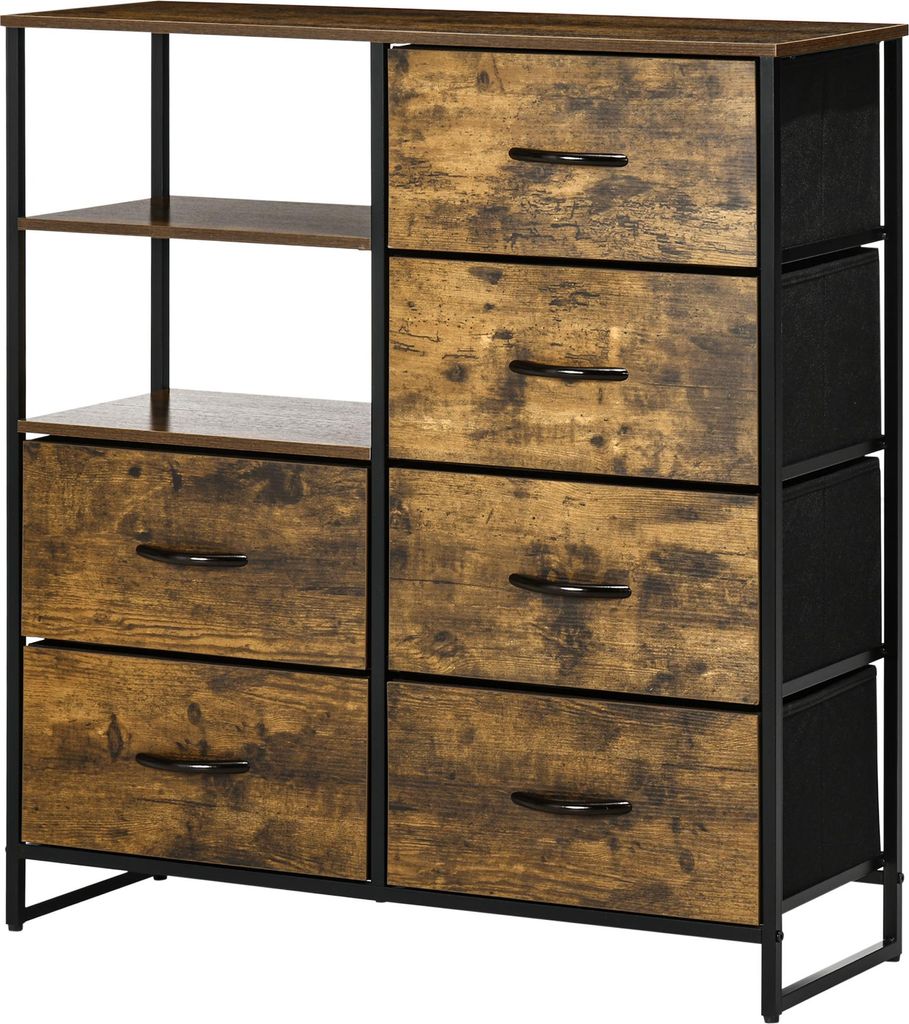 Kommode mit sechs Schubladen, offene Regale, MDF und Stahl, 84x30x92 cm, Braun/Schwarz, verstellbare Füße