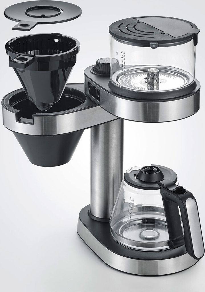 A coffee maker with its parts disassembled against a white background.
