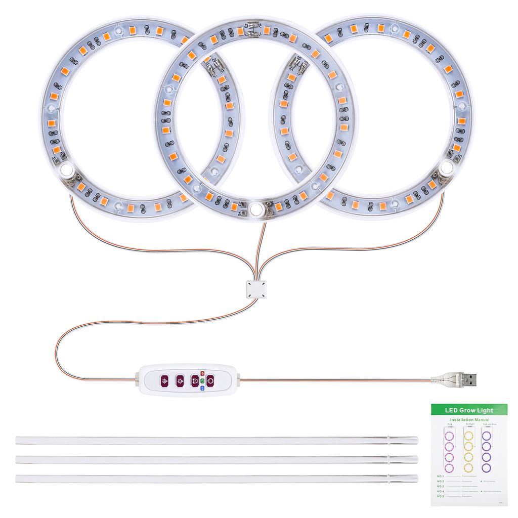 Three ring-shaped LED grow lights are connected to a control unit and a USB cable, laid out on a white background. Three white bars are placed below the lights, and a small informational card is in the bottom right corner.