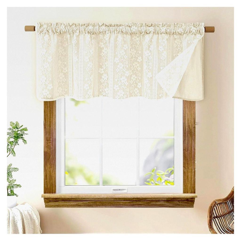 Beige Scheibengardinen, Moderne Kurz Bistrogardine, Doppellagige Küchengardinen mit Leinen und Spitze, Fenstergardinen im Landhausstil, Kurzgardin...