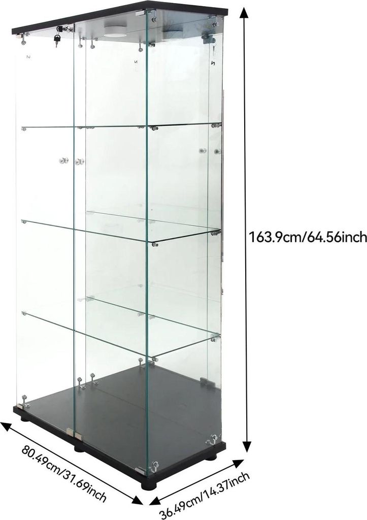 Vitrinenschrank Glasvitrine - 2-türig mit LED - 4 Einlegeböden - Glastüren - Modern minimalistisch - Für Sammlerstücke, Bücher, Wein - Schwarz