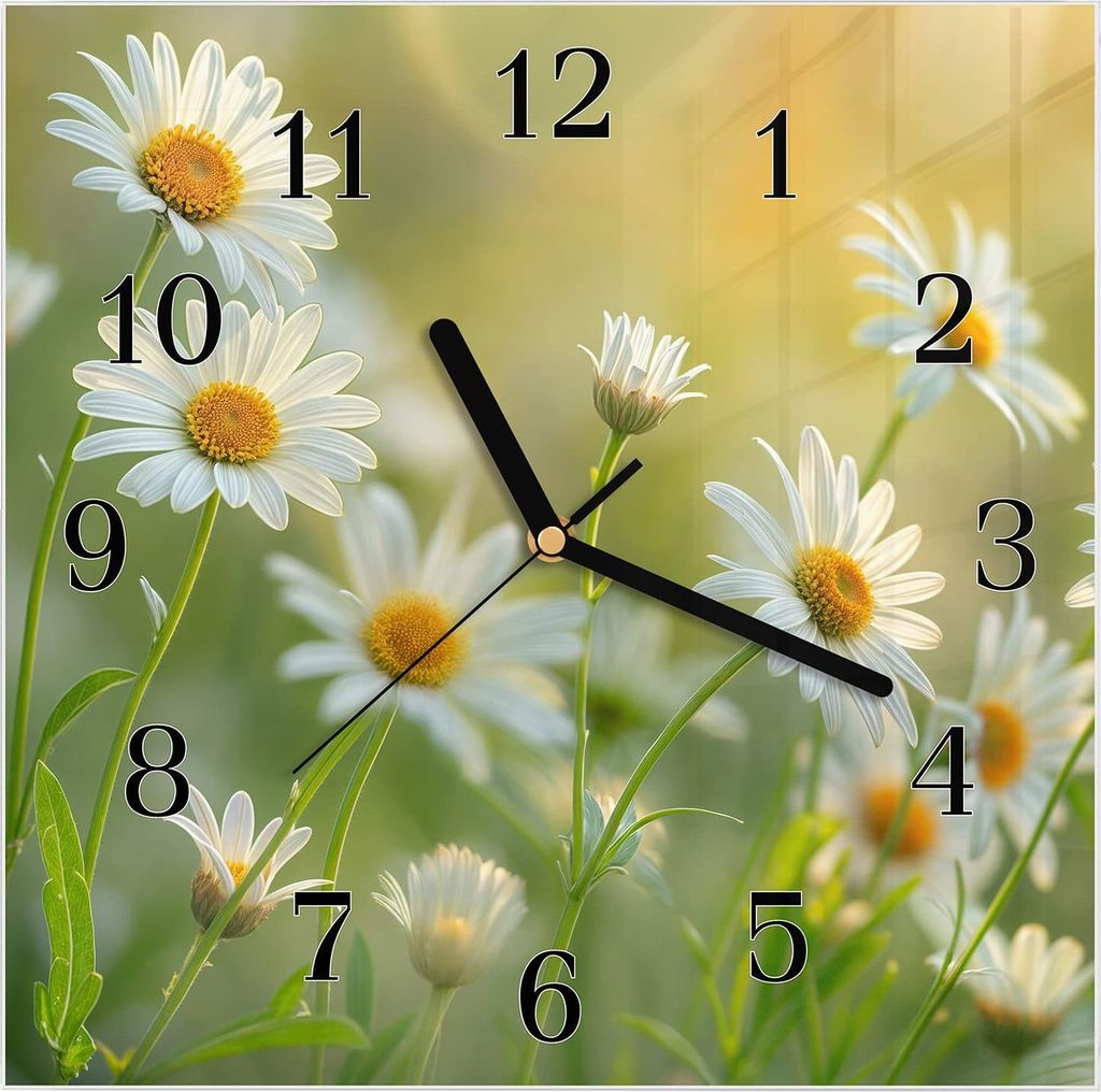 Wanduhr aus Glas mit Motiv Blühende Gänseblümchen- 30 x 30 Produktbild 