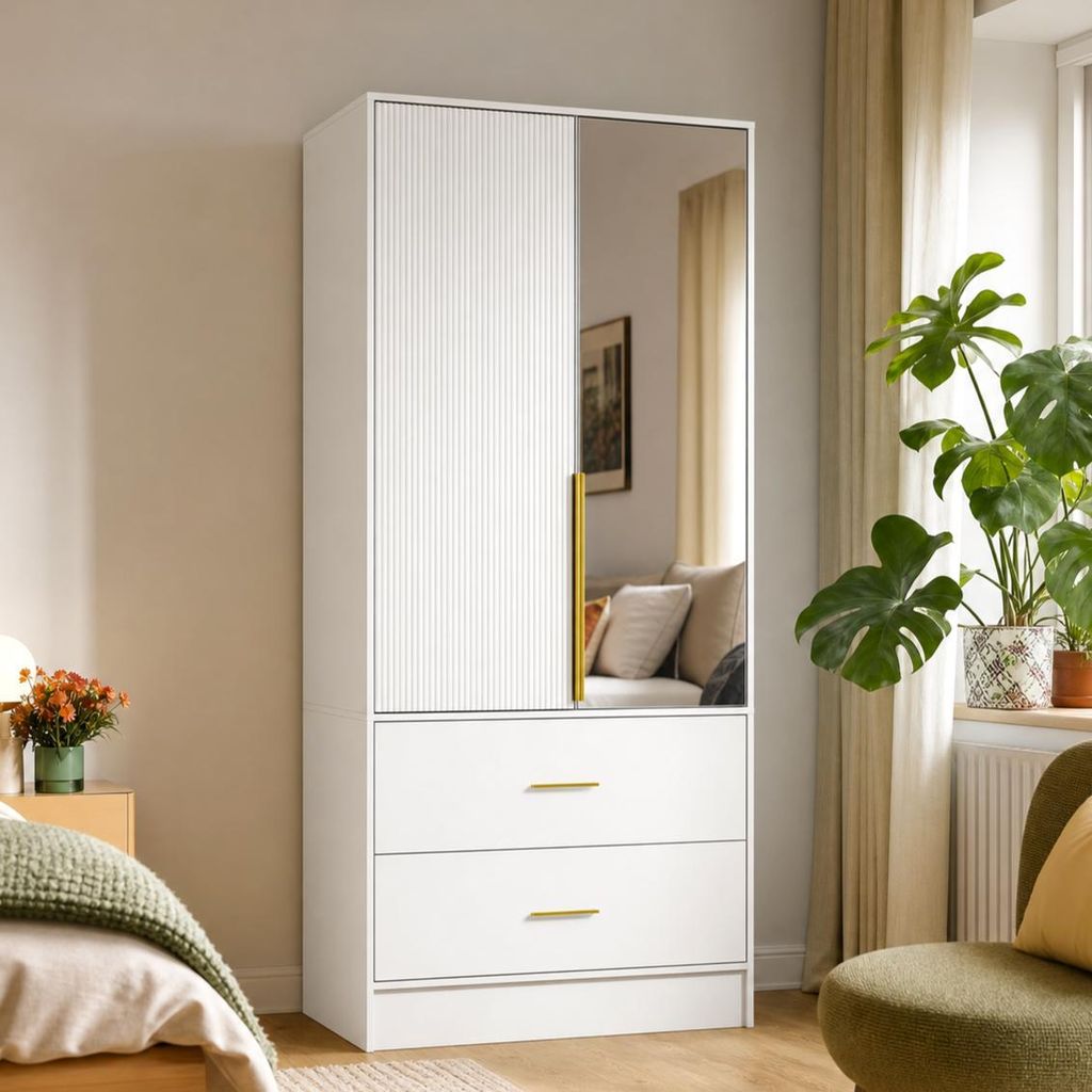 Kleiderschrank 75x170x48cm Weiß mit Spiegeltür & LED-Beleuchtung, mit 2 Schubladen & goldenen Griffen, mit Kippschutz,Schlafzimmer und Kleidersch...