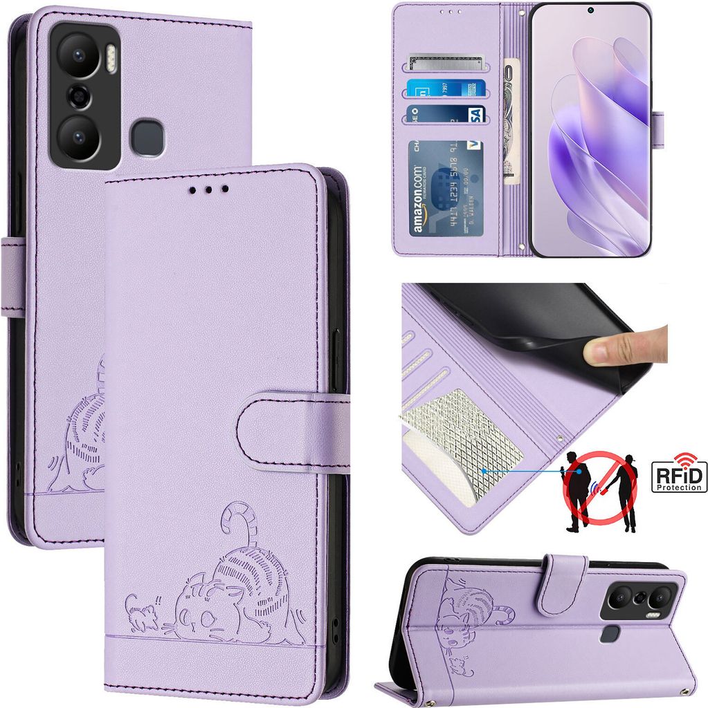 Leder Hülle für Infinix Hot 20 Play Süße Katze Flip Case Brieftasche Schutzhülle mit Standfunktion Lila