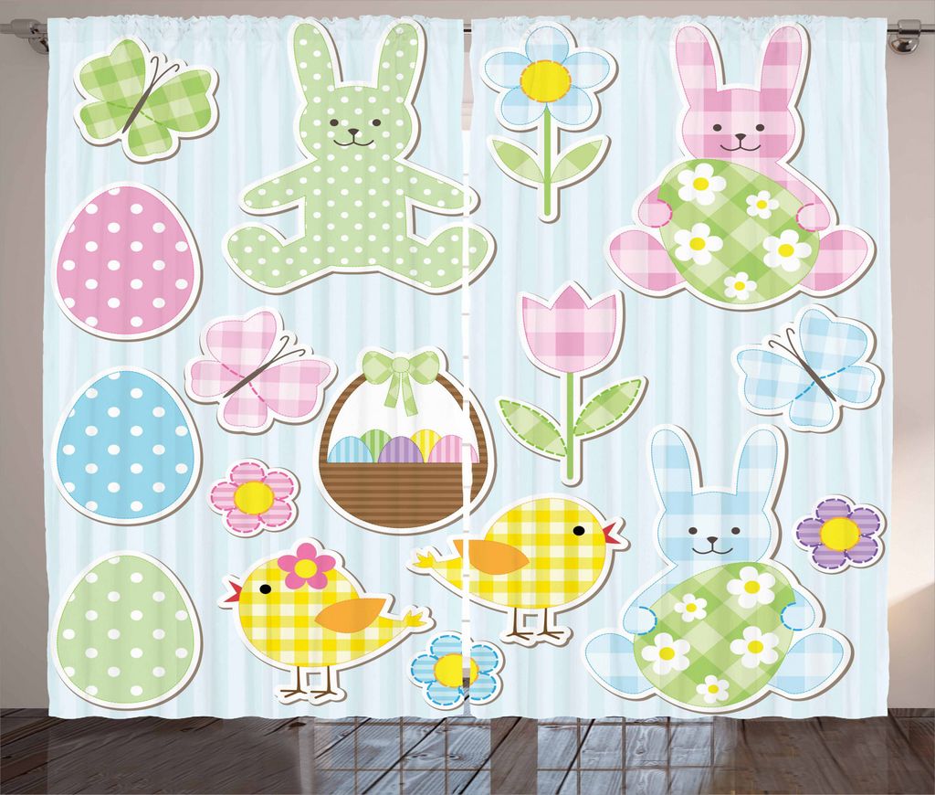 ABAKUHAUS Ostern Rustikaler Gardine, Blasse Kinderzimmer Hasen, Schlafzimmer Kräuselband Vorhang mit Schlaufen und Haken, 280 x 225 cm, Mehrfarbig