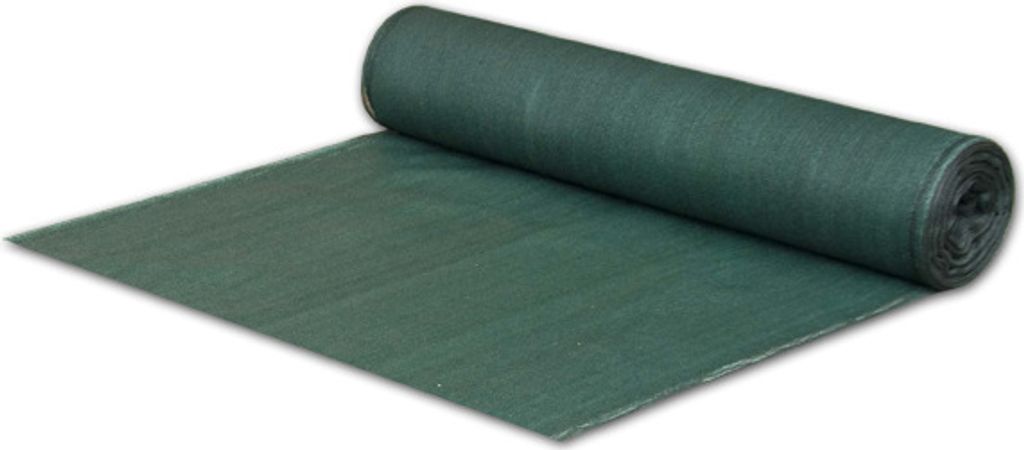 A roll of dark green fabric, likely a privacy screen or windbreak, is unrolled on a white surface.
