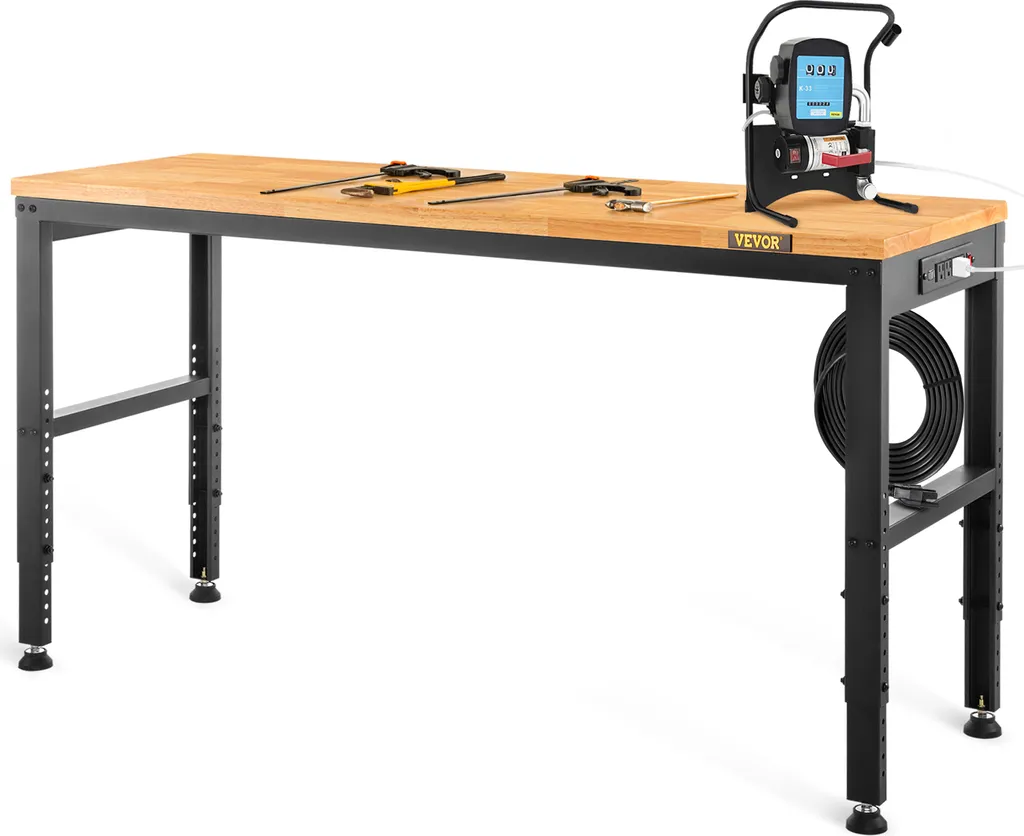 Établi réglable pour garage et atelier avec prises et plan de travail bois