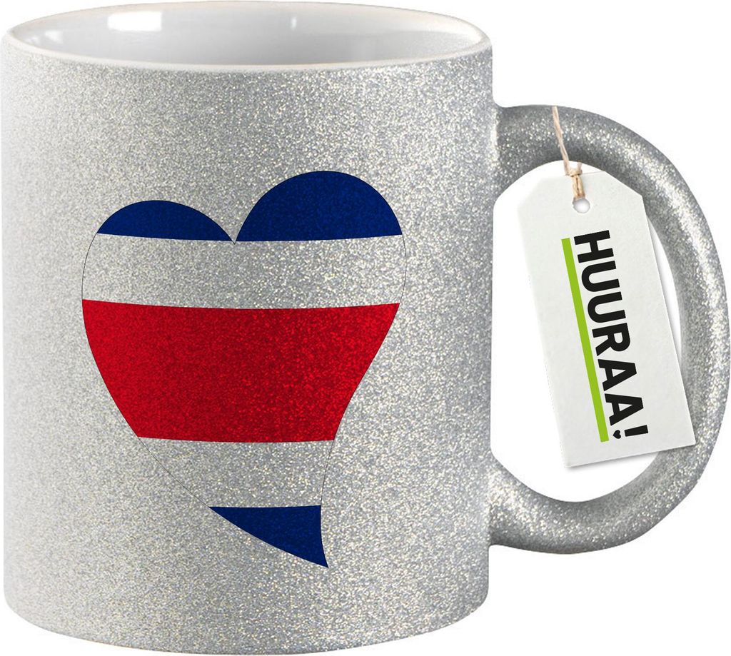 Huuraa Glitzertasse Costa Rica Flagge Herz 330ml Silber Keramik Kaffeebecher Geschenkidee