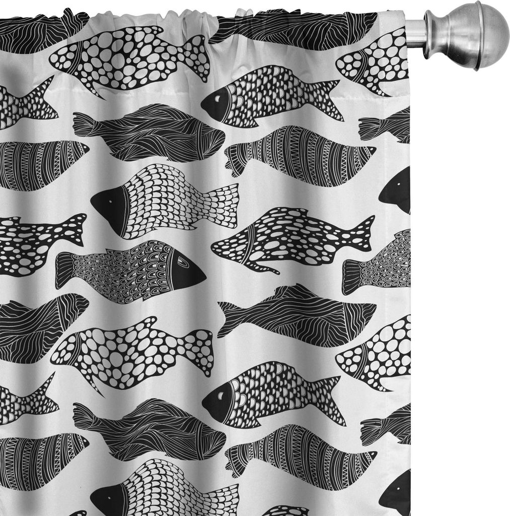 ABAKUHAUS Fisch Vorhänge, Gardinen, Zentangle Art Zier Abstrakt Wassertier Wiederholung in Monochrom, 2 Stück 75 x 245 cm, Charcoal Grau Weiß
