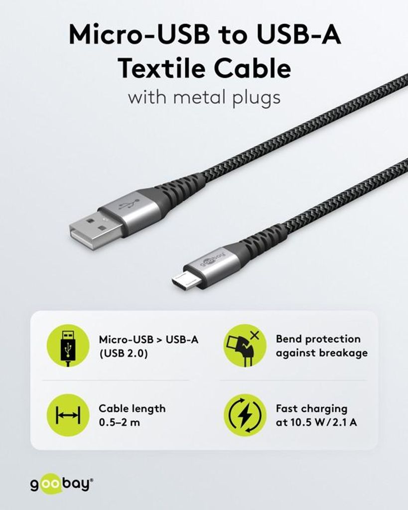 Goobay Micro-USB-auf-USB-A-Textilkabel mit Metallsteckern Produktbild 