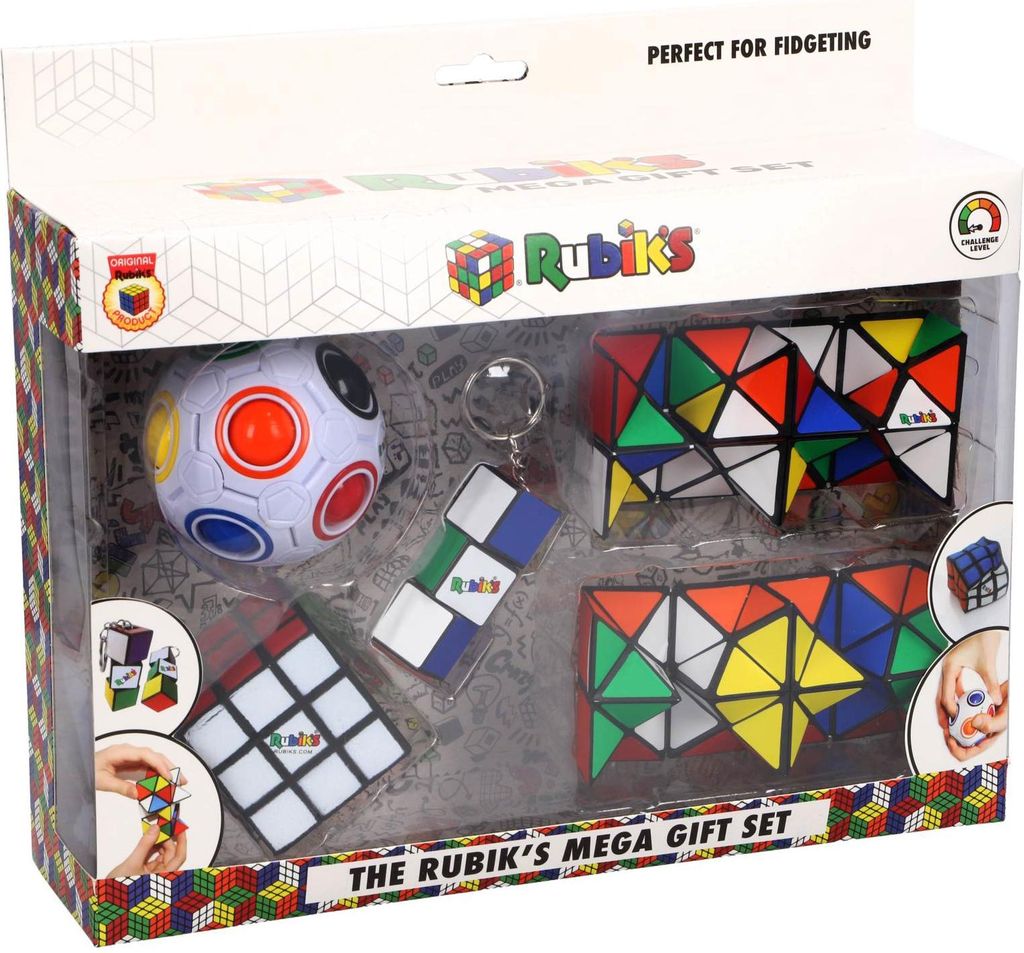 A gift set of Rubik's brand fidget toys and puzzles packaged in a retail box.