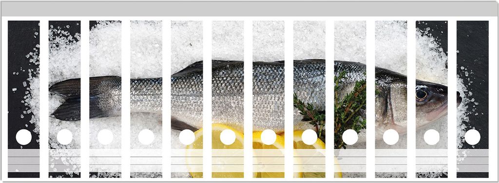 Wallario Ordnerrücken Sticker, selbstklebend für breite Ordner, 12 Stück, Motiv Fischmenü - Frischer Fisch auf Salz mit Zitronen