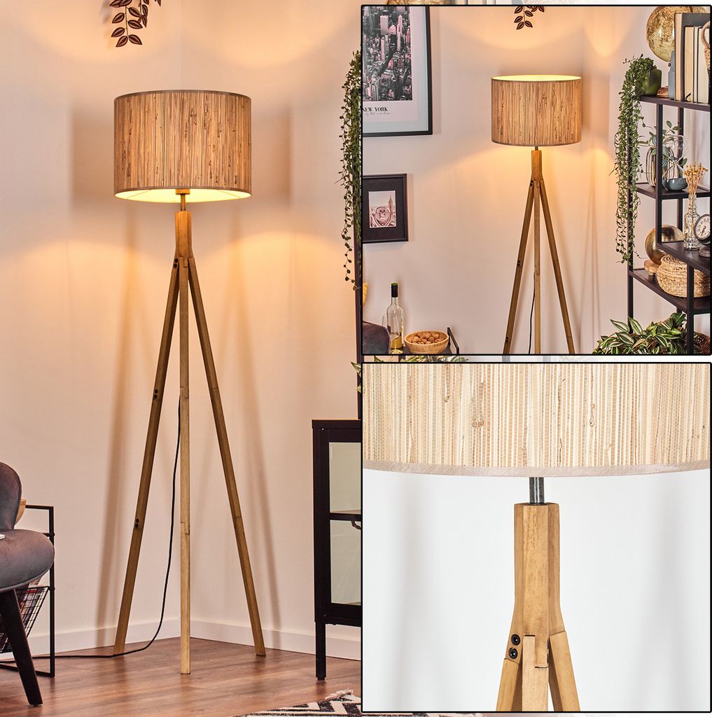 Arenabianca Stehlampe mit Holzfuß und Schirm aus Seegras