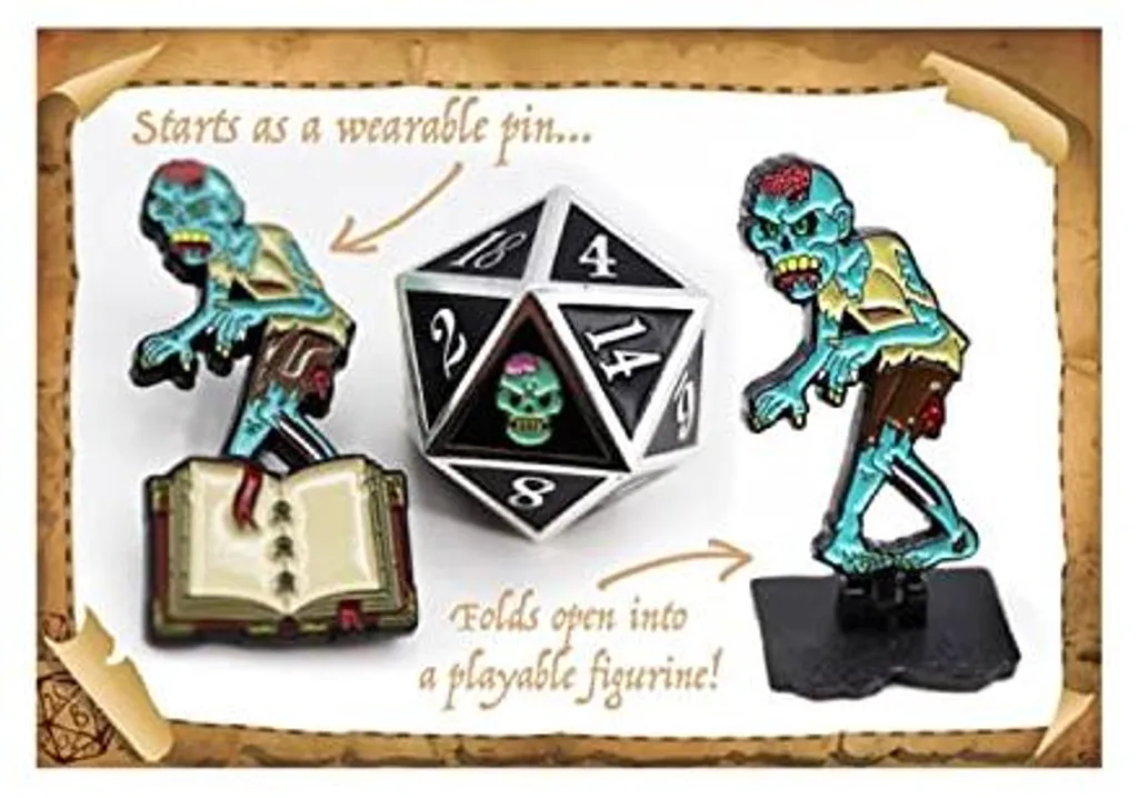 Jeu de dés métalliques Foam Brain Games avec son pin's RPG en émail