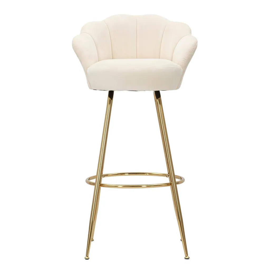 Tabouret haut pour cuisine Vienna fleuri, pieds or et assise crème 90cm