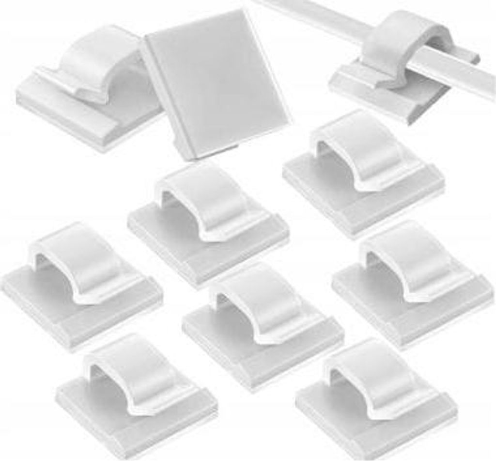 A collection of white cable management clips.