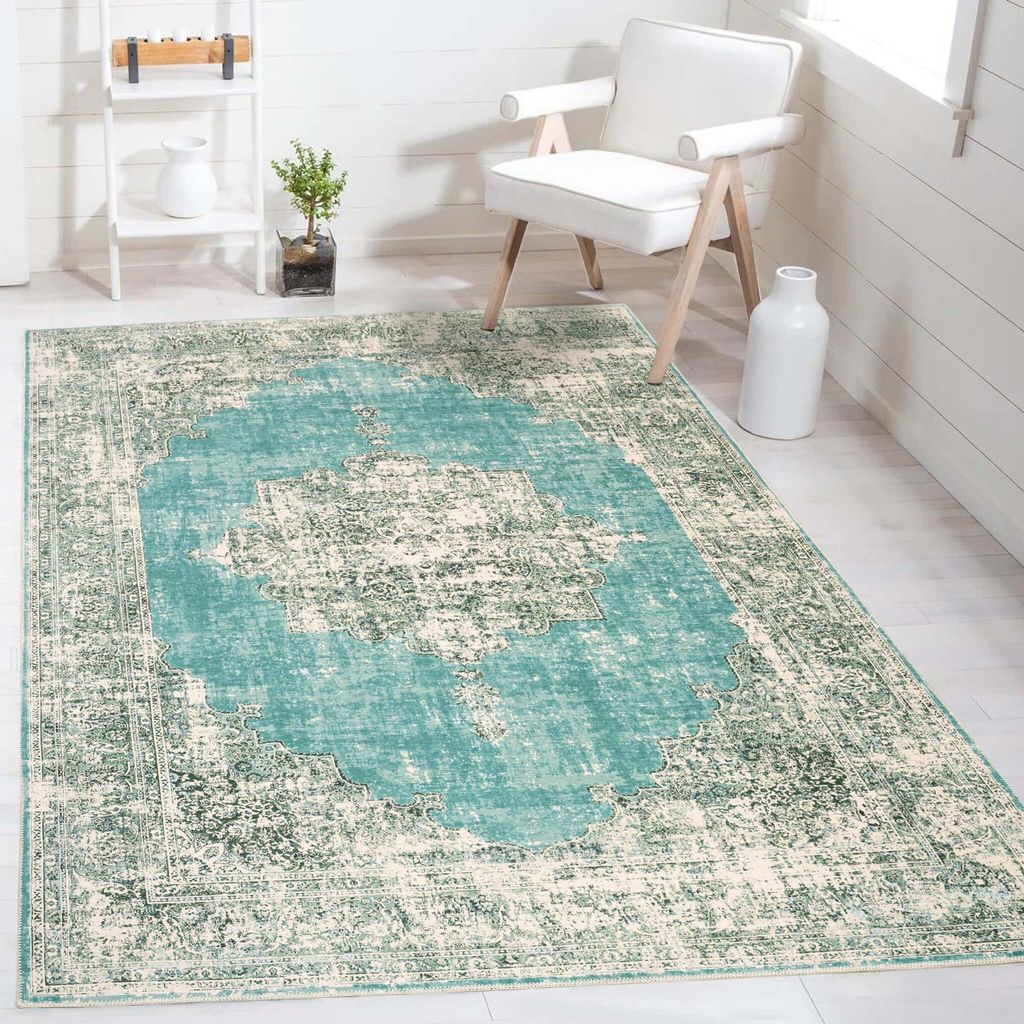 Burano Teppich für Wohnzimmer & Schlafzimmer - Mintgrün - Kurzflor Modernes Vintage Design in Meliert &Orientalisch mit Used-Effekt 200x290 cm