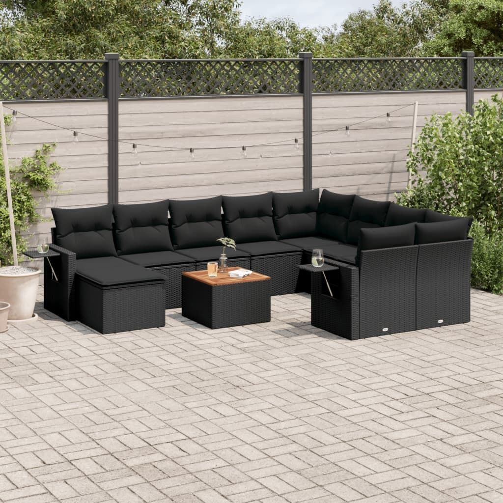11-tlg. Garten-Sofagarnitur mit Kissen Schwarz Poly Rattan 3224851