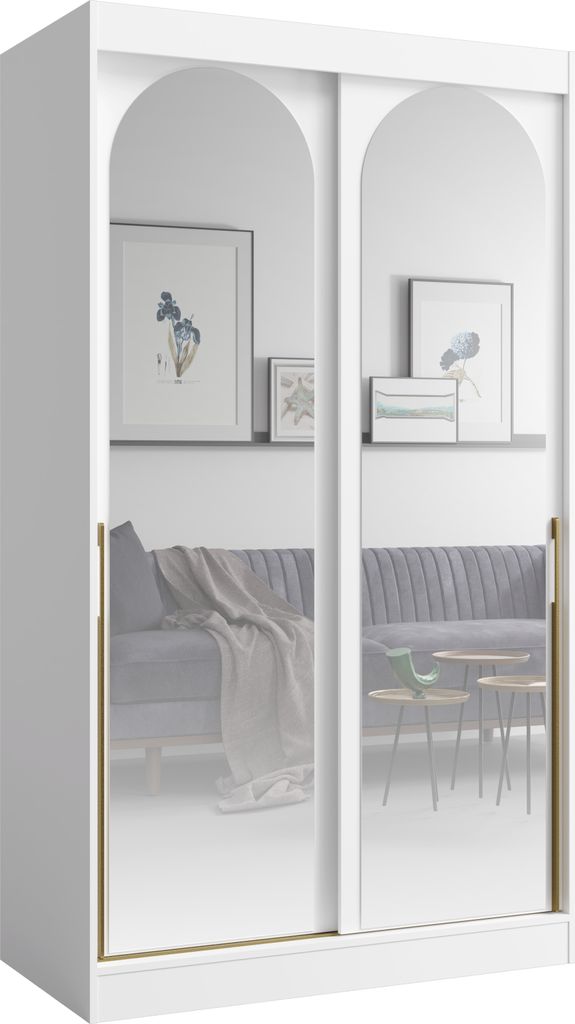 Albello Kleiderschrank CLASSY Weiß Gold 120x65x215 cm mit Spiegel & Schiebetüren – Schrank mit 5 Fächern, Kleiderstange, für Schlafzimmer & Flur