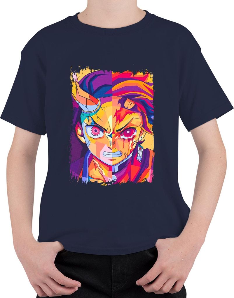 Dämonenjäger Anime Hanafuda Ohr blutiges geteiltes Gesicht Japan Y2K Streetwear Uni Kinder T-Shirt, Navy, 140