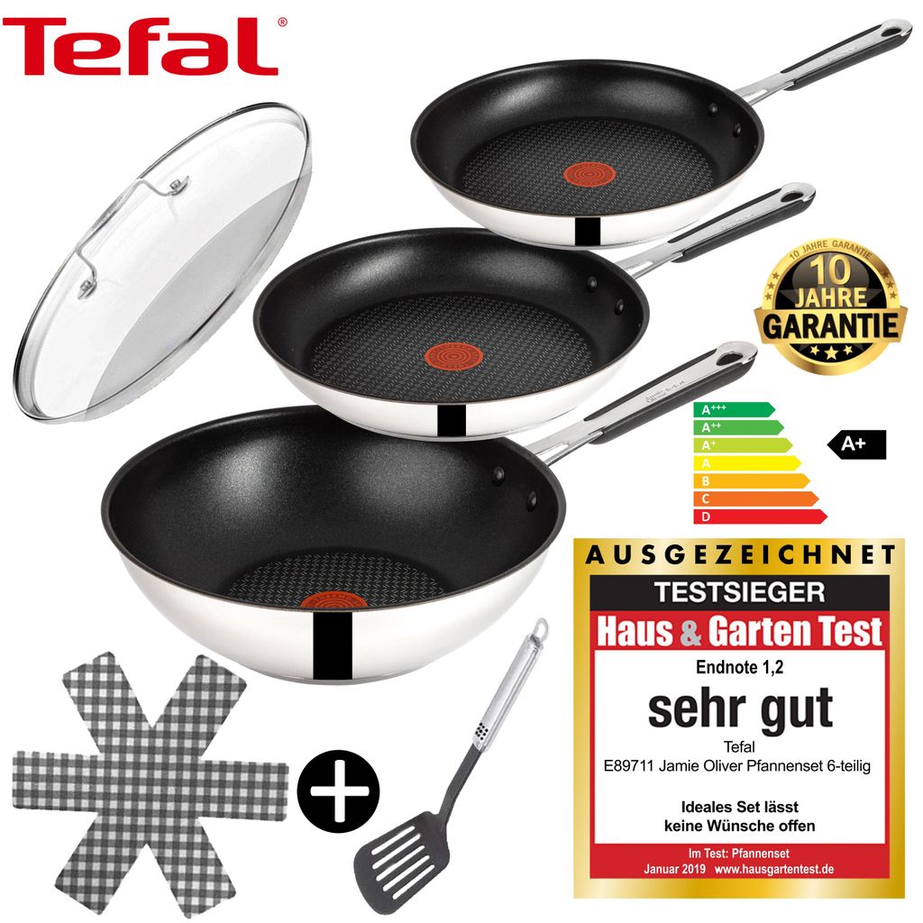Tefal E76 Jamie Oliver Pfannenset Induktion 6 TLG- Geschenkset 12- hohe Wokpfanne mit Deckel 28cm, Pfanne 28 cm + 24cm, Edelstahl rostfrei