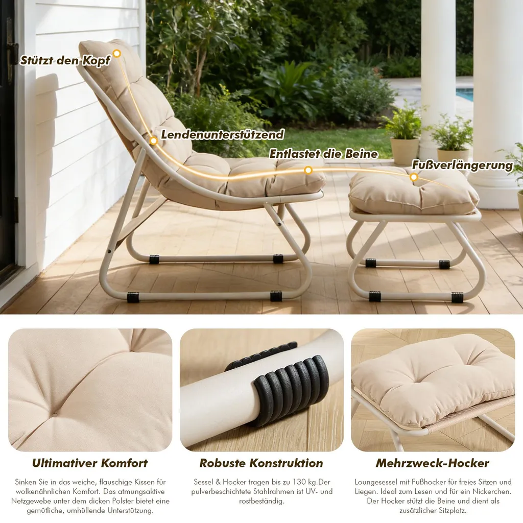 Fauteuil de salon avec pouf et structure en métal pour véranda chic