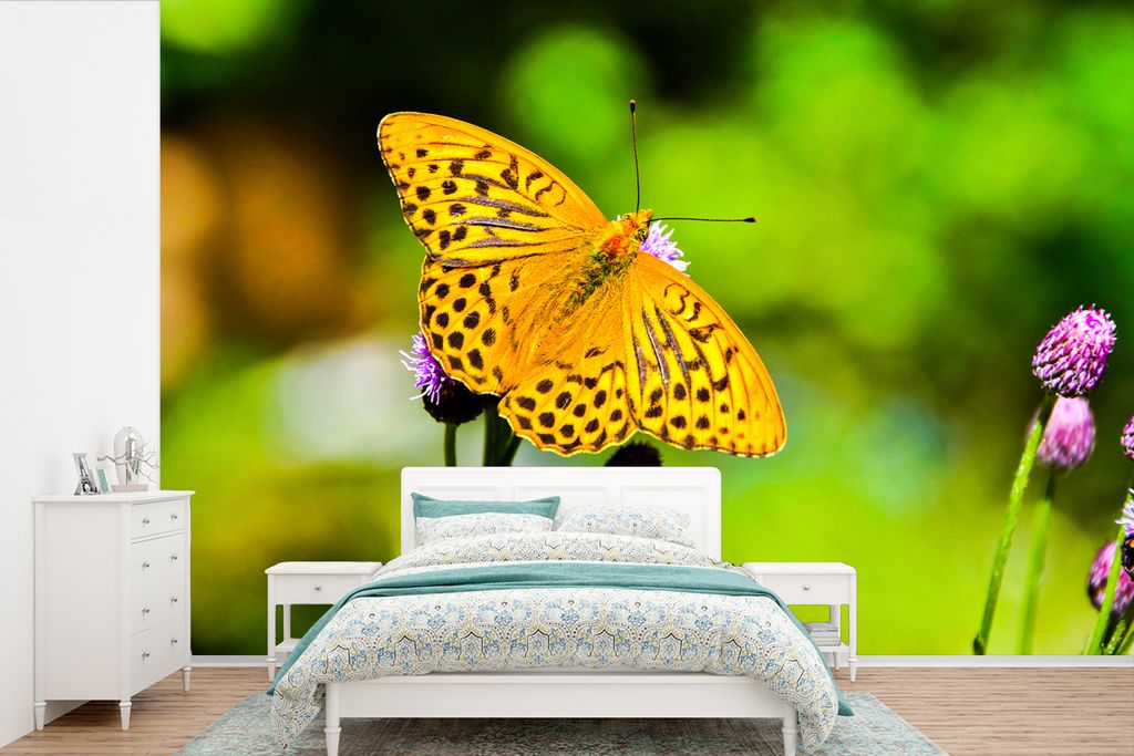 MuchoWow Fototapete für Wohnzimmer oder Schlafzimmer Wandtapete Vinyl Motivtapete Schmetterling - Tiger - Blume - 450x300 cm - Gemusterte