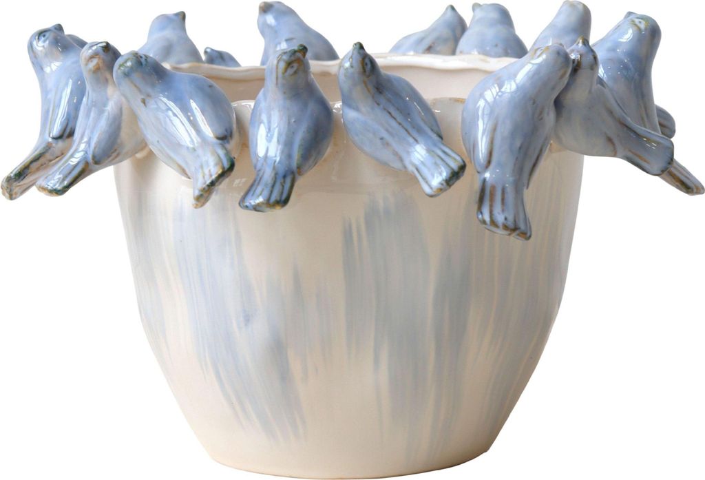 FURNARO Übertopf Birdy aus Keramik - handbemalter Blumentopf mit zarten Vogelapplikationen - dekorativer Pflanztopf 29 cm Ø