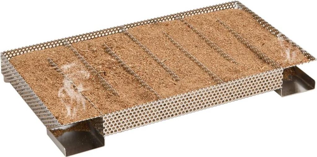 A stainless steel cold smoke generator with multiple compartments filled with wood chips, presented on a white background.