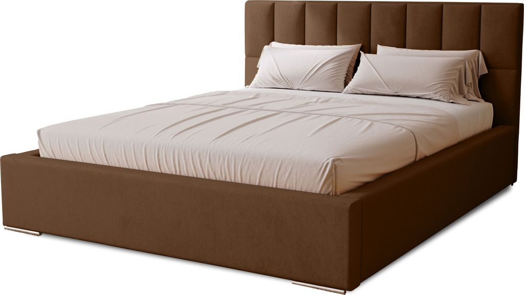 Polsterbett Dream 140x200 cm, Bett mit Kopfteil, Doppelbett mit Bettkasten, Lattenrost und Matratze aus Holz, Velourstoff: Dunkelbraun