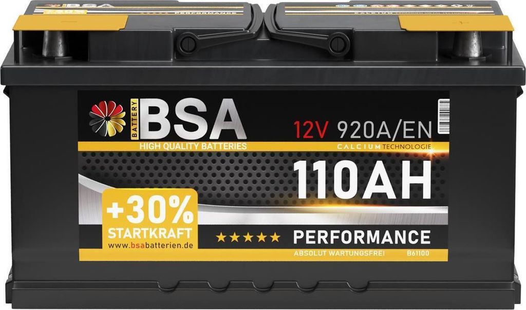 A car battery with branding and specifications displayed.