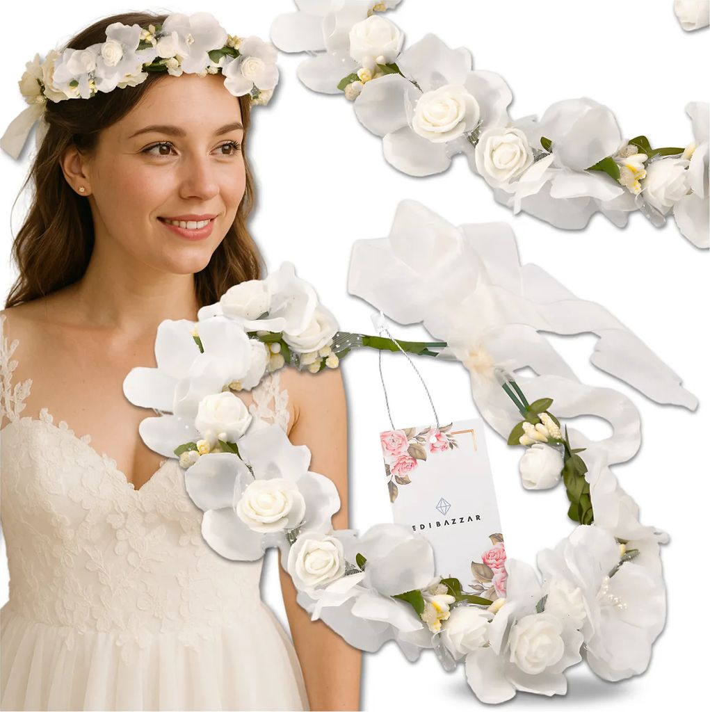EDIBAZZAR | Kranz Stirnband Haarblumen Weiße Rosen Boho Produktbild 
