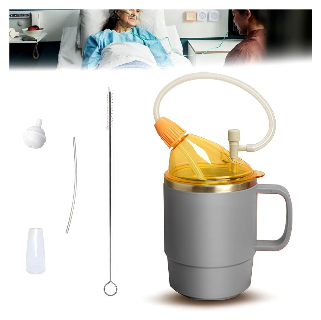 500ml Becher für Senioren: Edelstahl Pflegebecher mit Deckel und Henkel, Dysphagie Trinkbecher mit 30cm Stroh, Auslaufsichere Schnabeltasse für ...