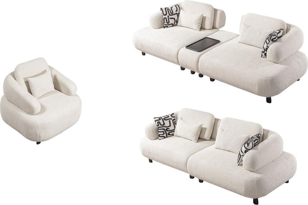 Villa Möbel Sofa Set Eos Creme Stellvariante:4+3+1 Relax- und Bettfunktion, Mikrofaser Webstoff