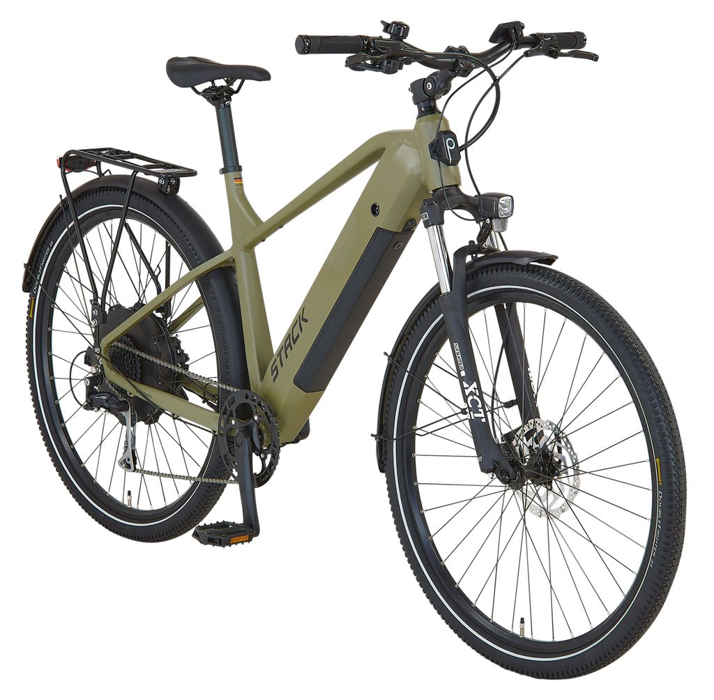 A studio shot of a green electric bicycle against a white background.